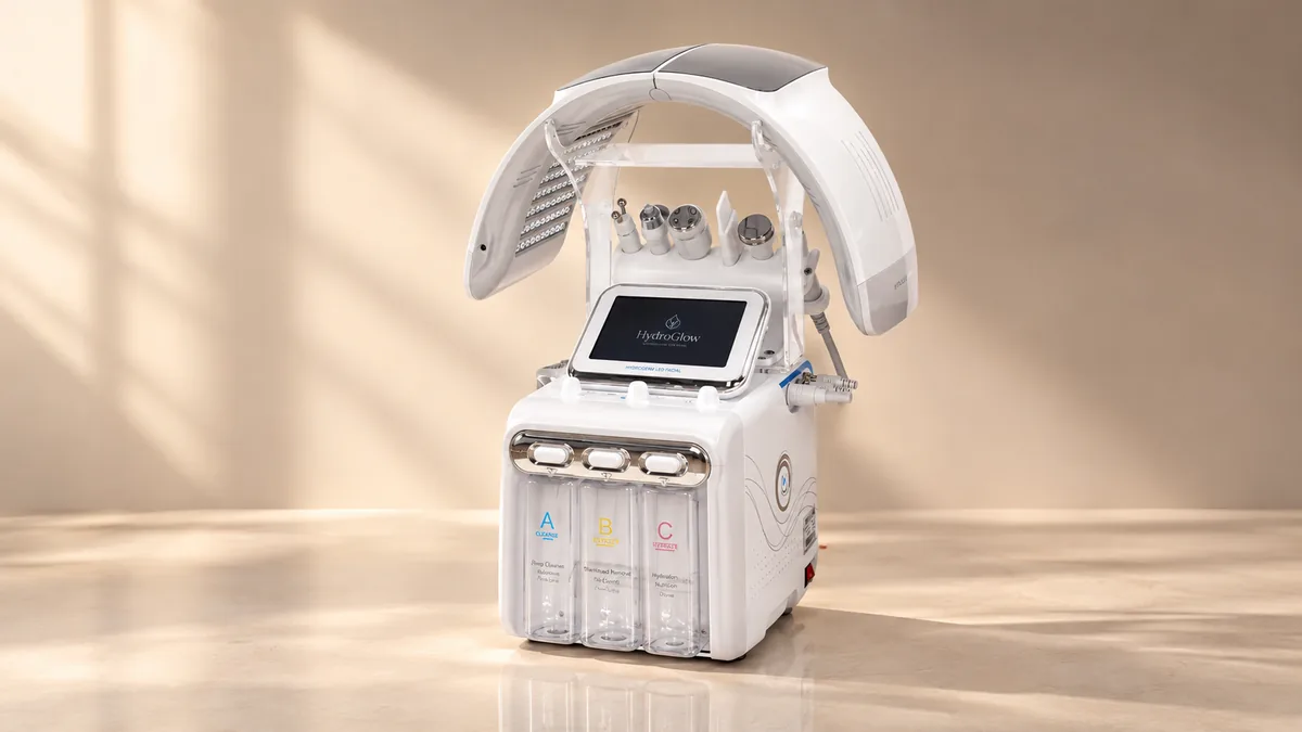 Vrouw ontspannen tijdens een led facial behandeling in een luxe studio