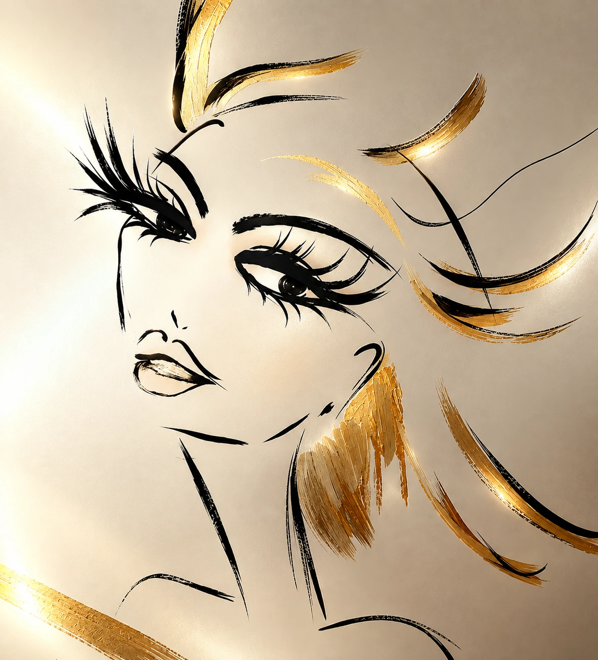 Elegante illustratie van een vrouwengezicht met gouden accenten — Beauty en Afslankstudio Velserbroek